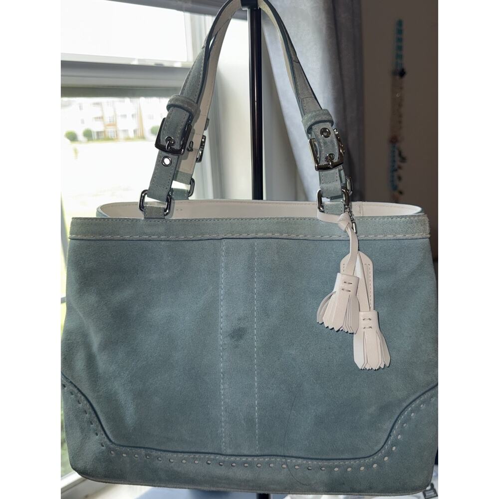 Coach Hamilton Aquamarine Blue Suede Leather Sm Carryall Tote Bag Purse #5007